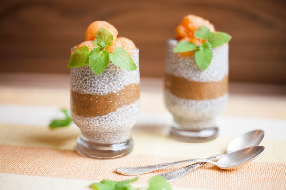 Overnight Chia Seed Pudding with Spicy Melon Puree - 3-ingredient overnight chia seed pudding with coconut milk and spicy melon puree (mint, cinnamon, nutmeg). Simple & delicious breakfast or dessert.