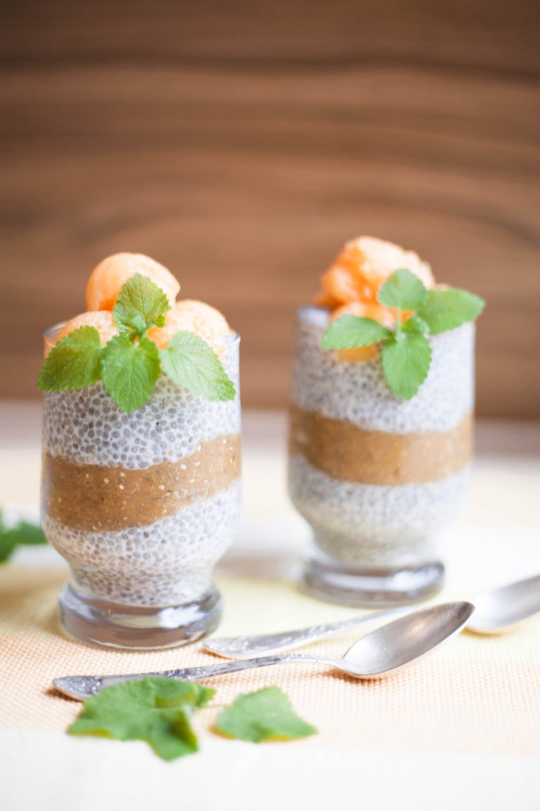 Overnight Chia Seed Pudding with Spicy Melon Puree - 3-ingredient overnight chia seed pudding with coconut milk and spicy melon puree (mint, cinnamon, nutmeg). Simple & delicious breakfast or dessert.