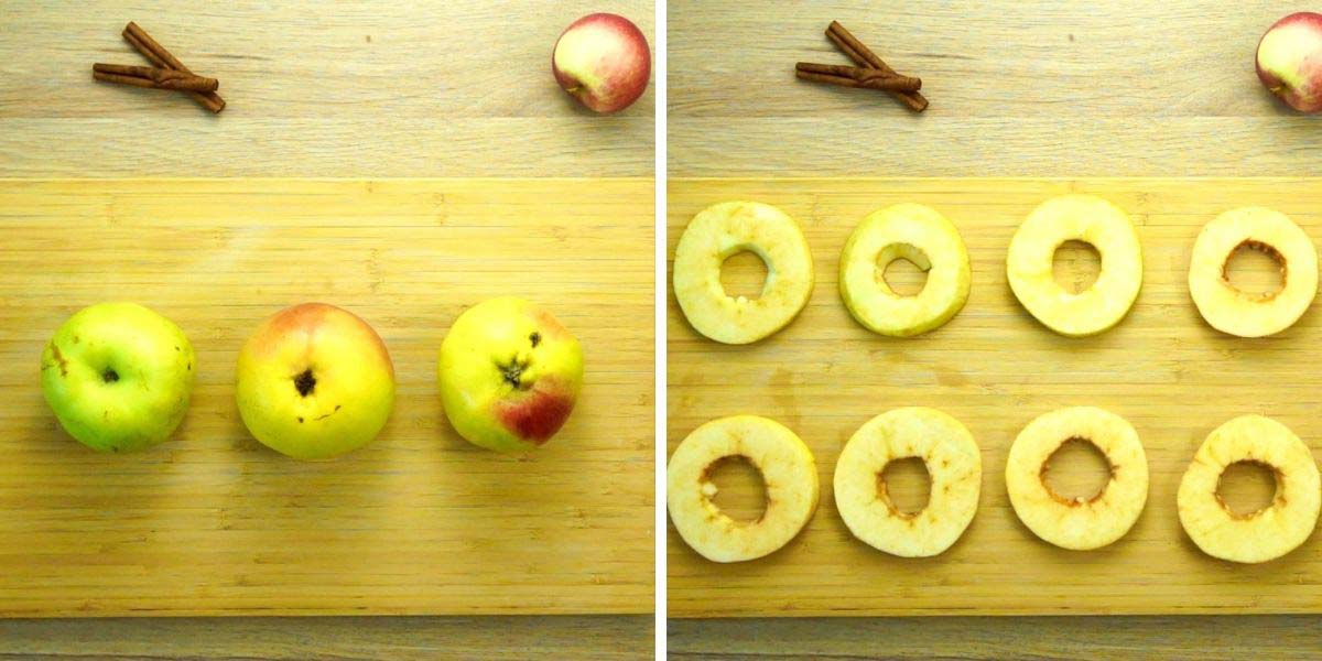 Step photos showing 3 apples unpeeled and then peeled, sliced cored apple rings on wooden cutting board
