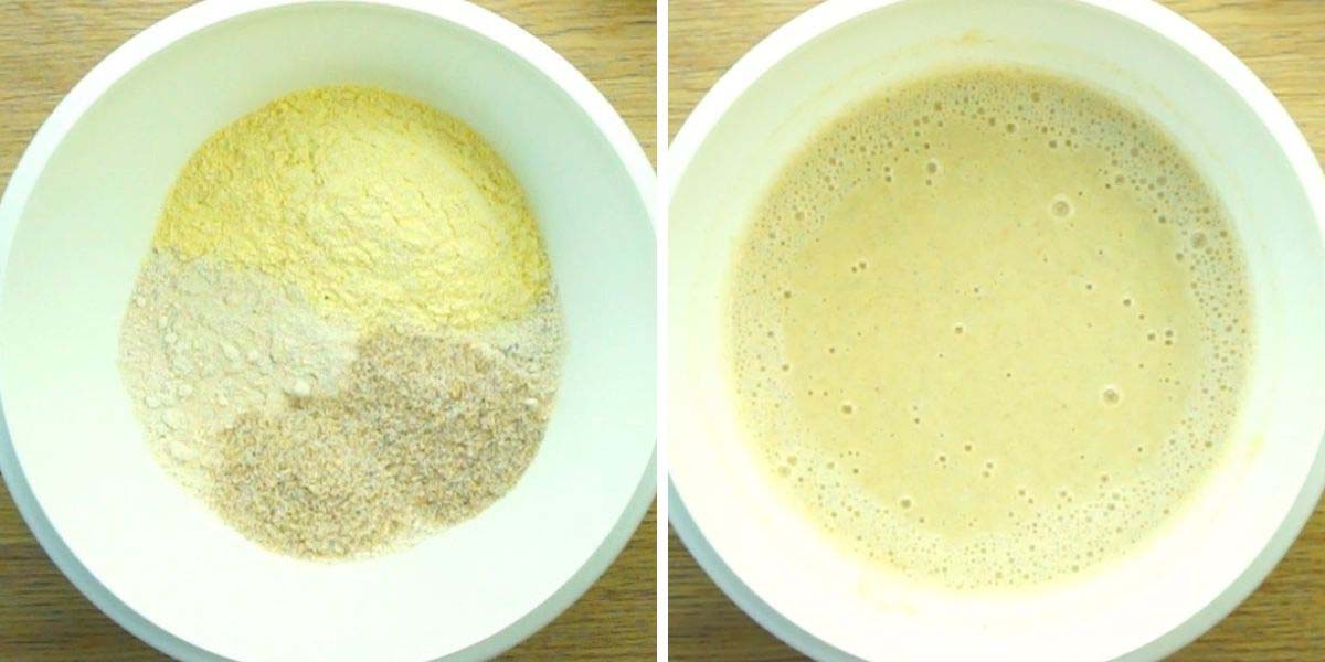 White bowl with psyllium husk pancake batter. 