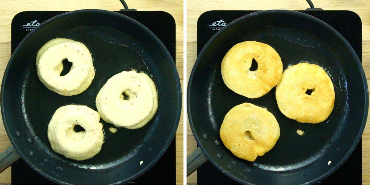 3 battered apple rings are frying in a frying pan. Showing both sides in the two images. 