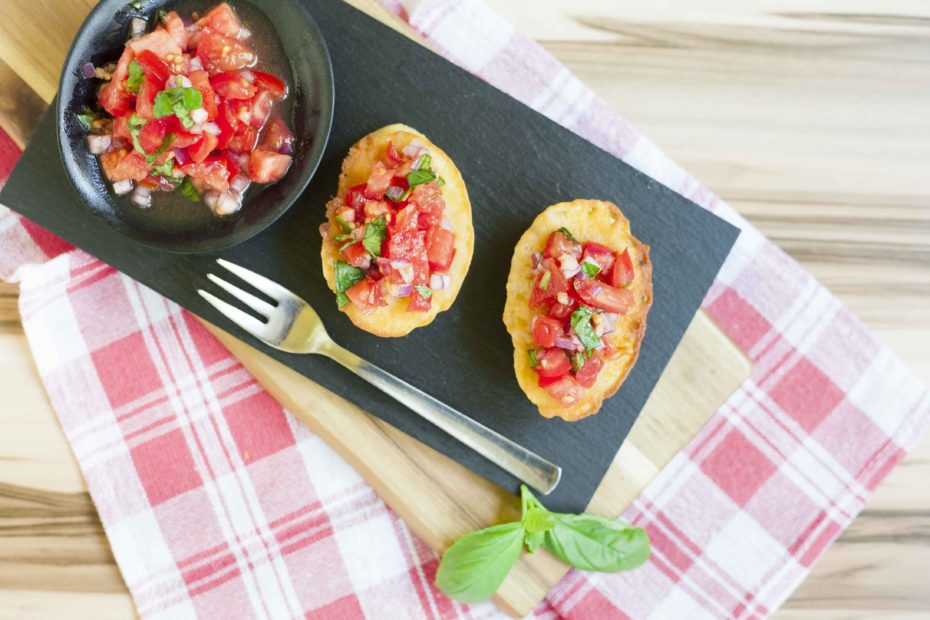 Savory Eggless French Toast Bruschetta - 3-ingredient eggless french toast with bruschetta made from fresh tomatoes, basil and garlic. You need chickpea flour, milk & a secret ingredient