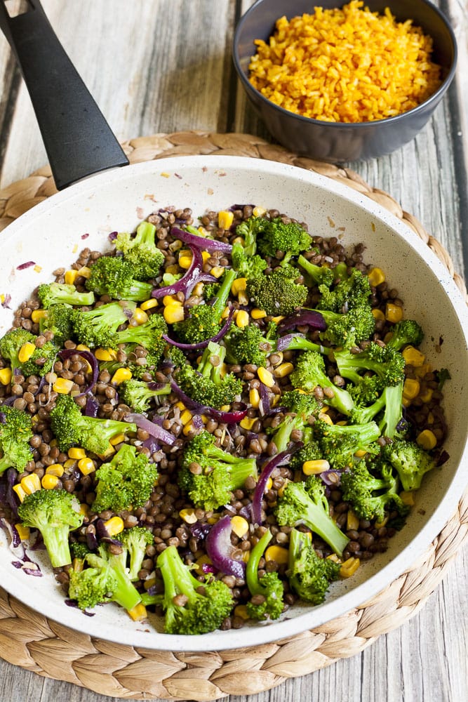 Broccoli Lentil Stir Fry in a frying pan 