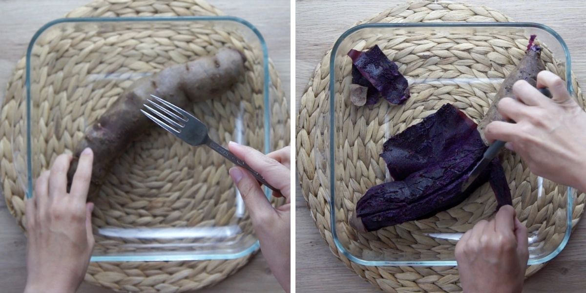 Steps about how to bake purple sweet potato. Poke with a fork, and peel when out of the oven.