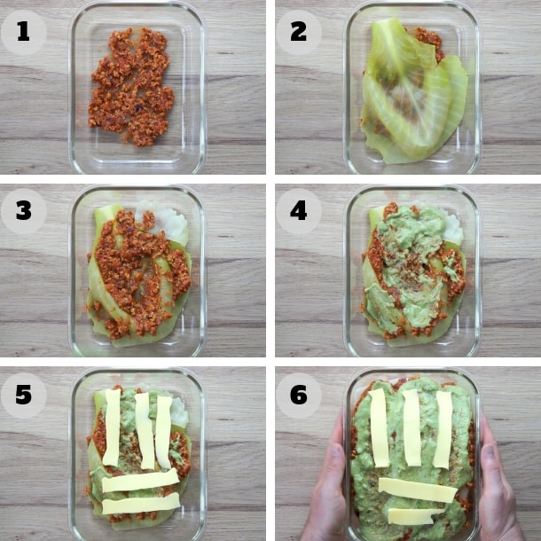 6 steps photos showing the layers of the vegan lasagna