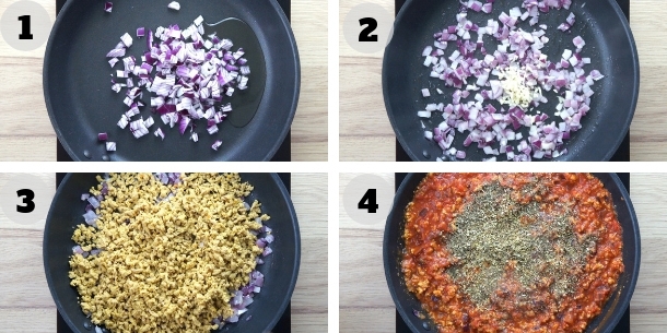 4 step photos showing how to make vegan ground beef in marinara sauce