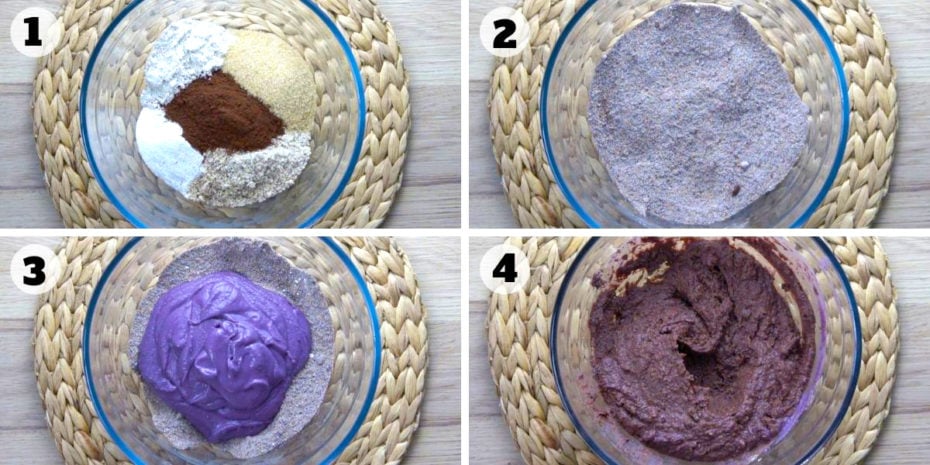 4 step photos with a glass bowl showing first the dry ingredients of the vegan sweet potato brownies, then the mixture.
