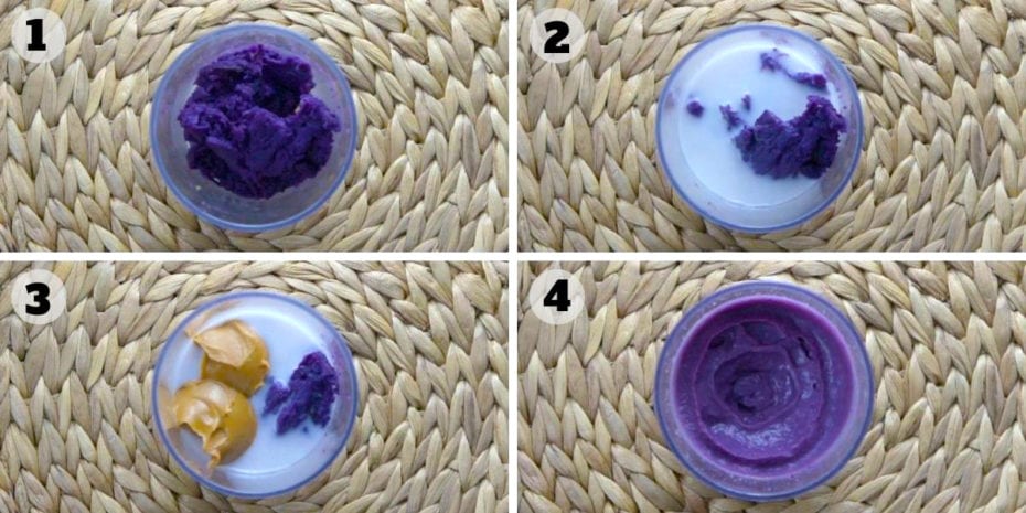 4 step photo of blending the wet ingredients in a small bowl with a hand blender