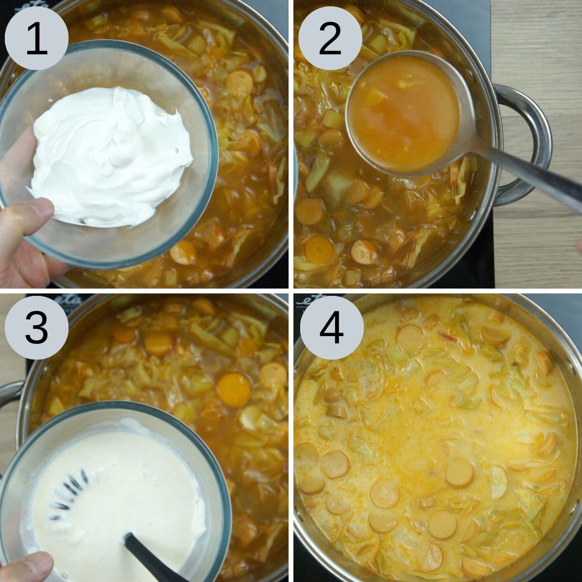 4-photo collage of a stockpot with brown soup and large pieces of cabbage, potatoes, carrots, and sausages. A hand is holding a small bowl with white cream and adding some liquid to it from the soup then mixing it back. 