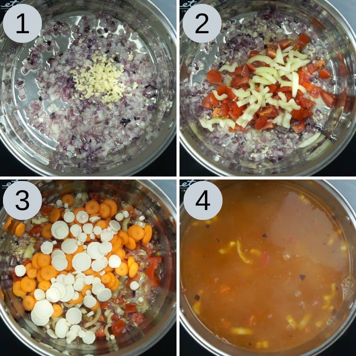 4-photo collage of how to make vegan cabbage soup showing a stockpot first with chopped onion and garlic, then tomato and yellow pepper, then carrot and parsnip slices, finally they are all hidden in vegetable broth. 