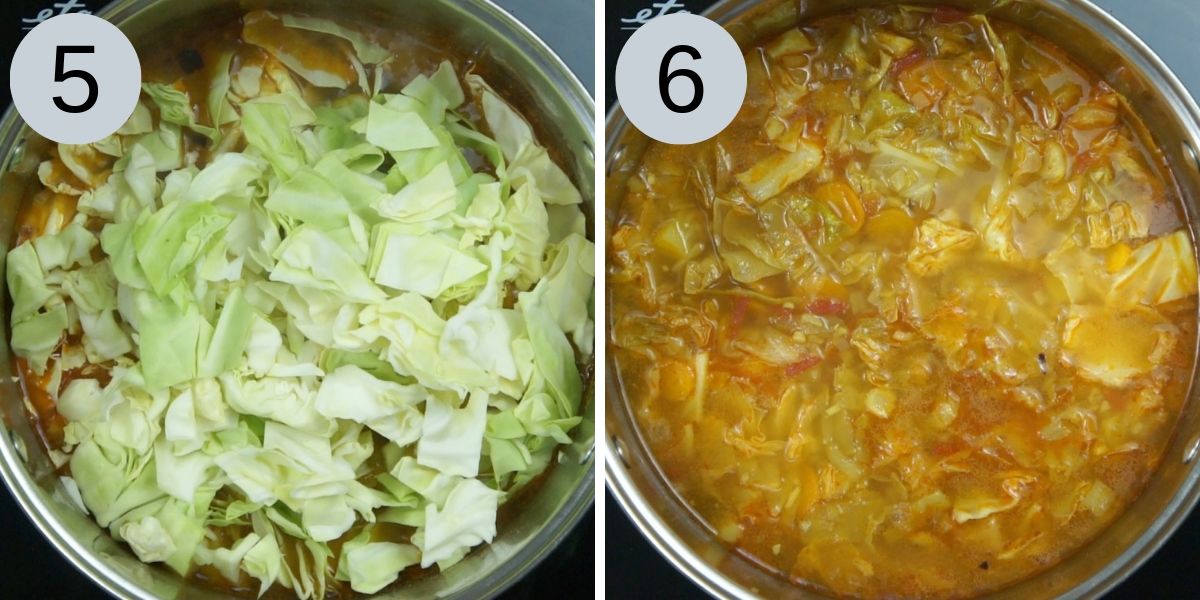 2-photo collage of a stockpot with fresh chopped cabbage added to the soup and then after the pieces are cooked and wilted. 
