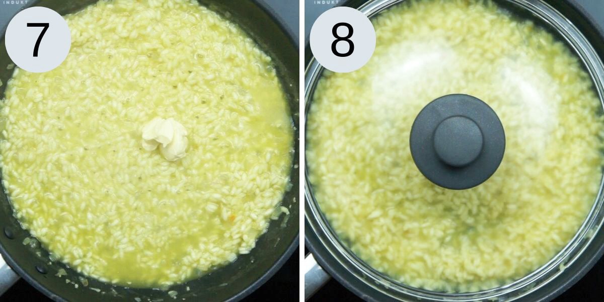 Last two steps to make vegan mushroom risotto showing a frying pan with risotto and added butter. The other photo showing the pan with a lid on.