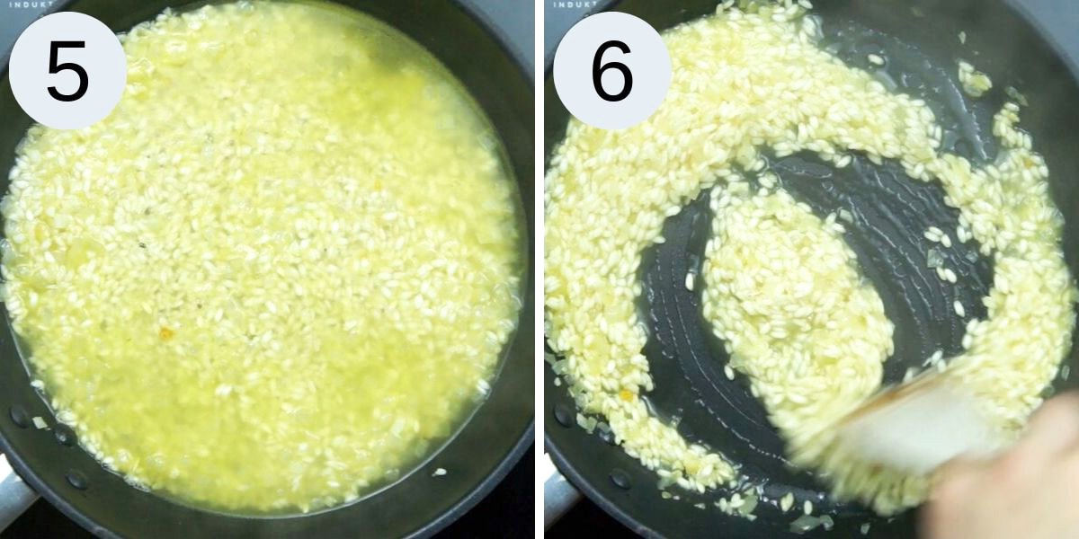 Step by step photos to make vegan risotto showing when to add veggie broth