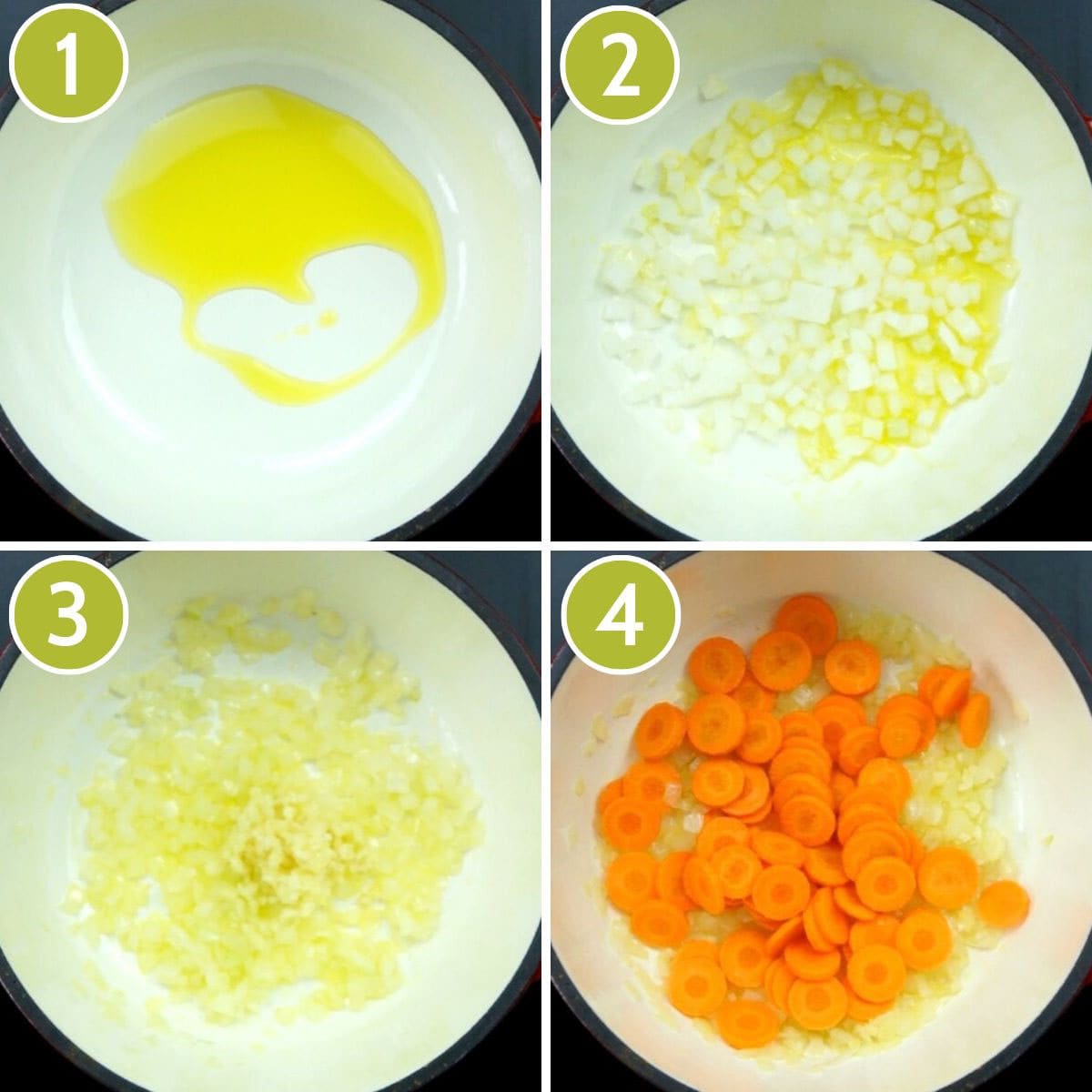 4 step photos to make vegan stew - adding olive oil, onion, garlic and carrots