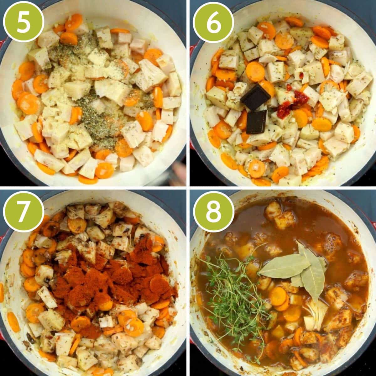 4 step photos to make vegan stew - adding jackfruit, seasoning, sriracha, chocolate, smoked paprika, thyme and bay leaves