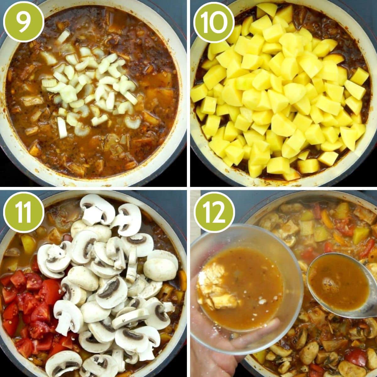 4 step photos to make vegan stew - adding celery, potatoes, tomatoes, mushroom and thickening the soup with corn starch