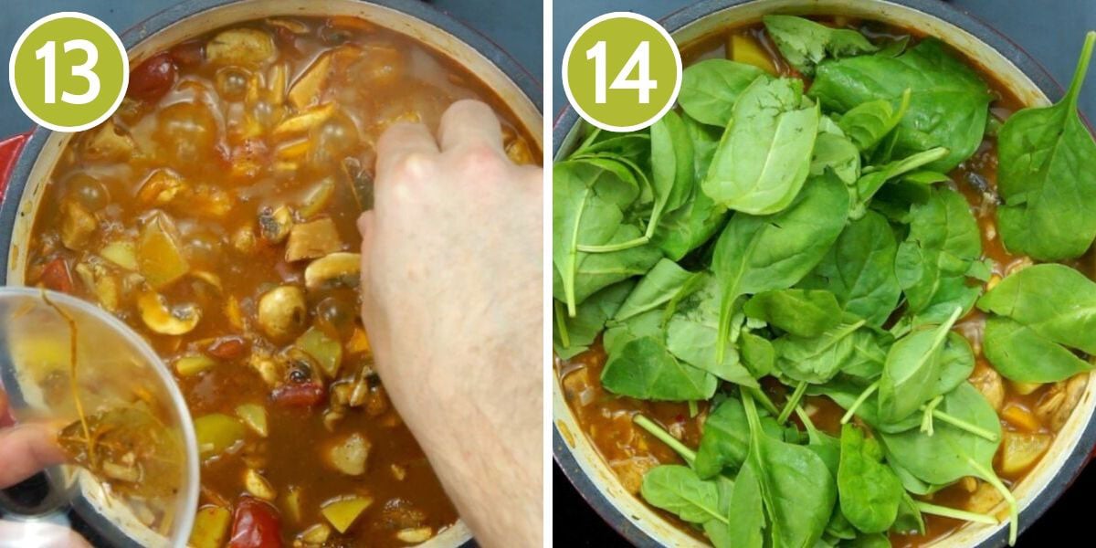 Last two steps to make vegan stew. Taking out thyme and bay leaves and adding spinach