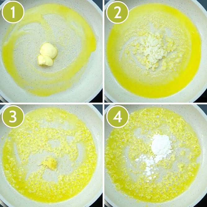 4 photo collage with a large white pan showing melted butter, then chopped onion, then chopped garlic and finally some starch is added.