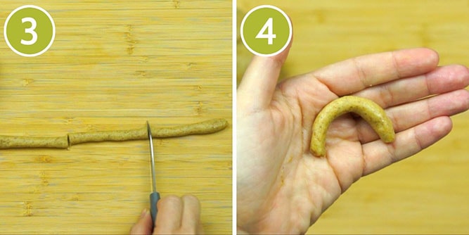Two photo collage showing a wooden board with a cookie dough log. Then a hand is holding a small slice shaped as a crescent mood. 