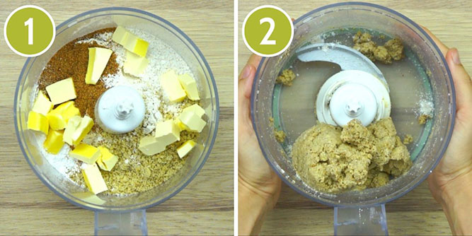 Two photos collage showing a food processor with flour, sugar and cubed butter and then with the cookie dough. 