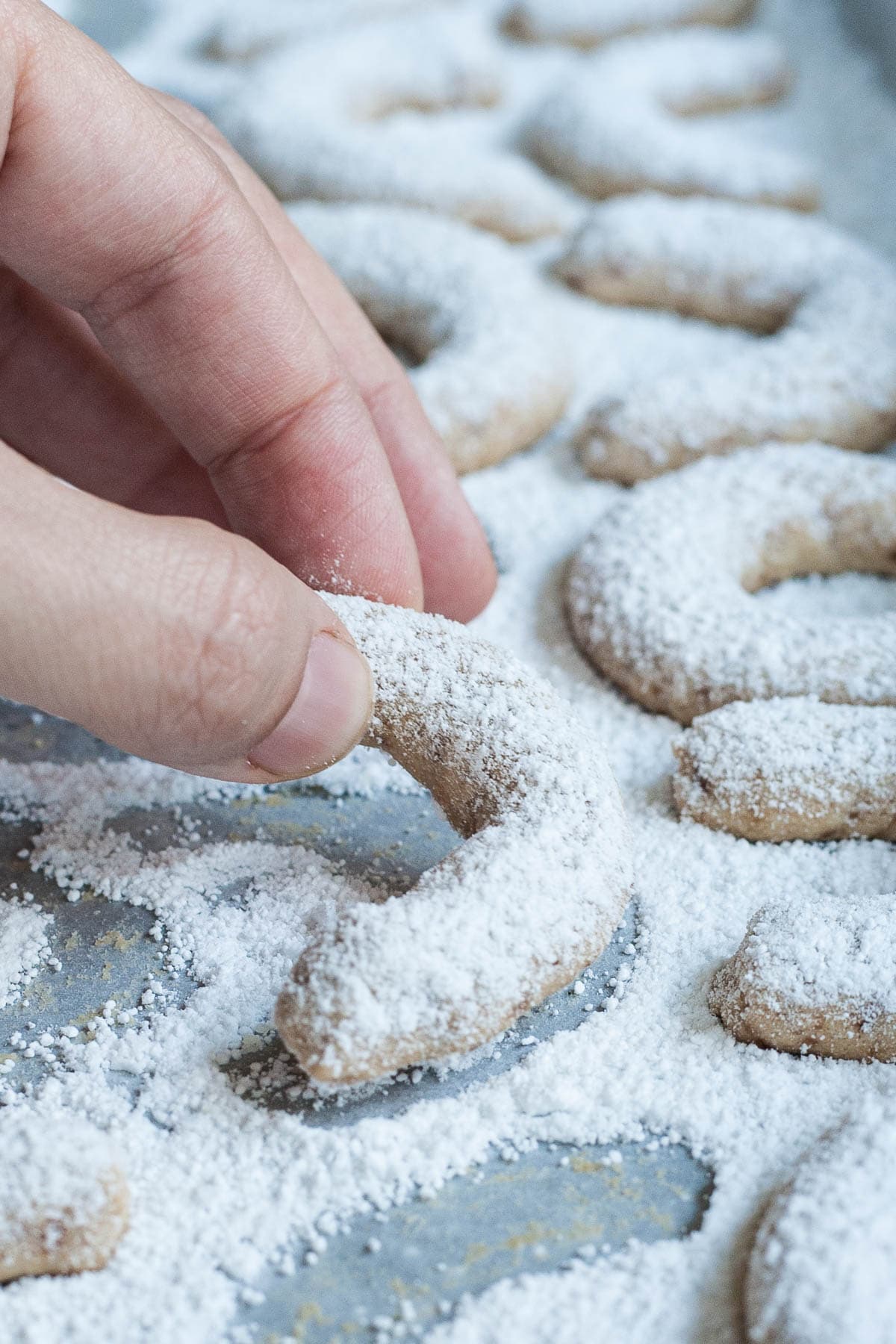 Crescent cookies dusted with powdered sugar on a parchment paper. A hand is picking one cookie up.