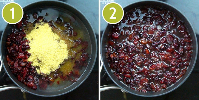 Step photos to make cranberry jelly - showing cooking dried cranberries, water and sugar in a saucepan