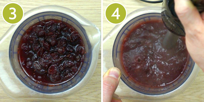 Step photos to make cranberry jelly - blending the cooked sauce with a hand blender