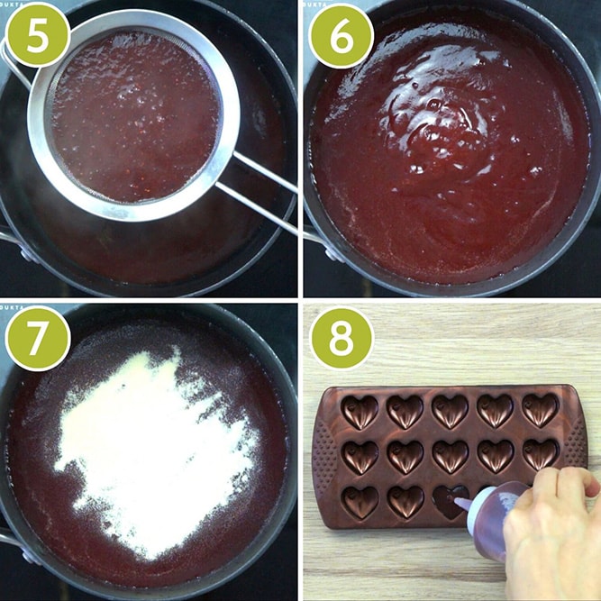 Step photos to make cranberry jelly - straining the cooked cranberry sauce and adding agar agar finally pouring it into a heart-shaped mold