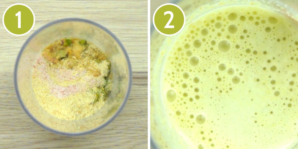 Two photo collage showing a tall plastic container first with different ingredients then with a green liquid. 