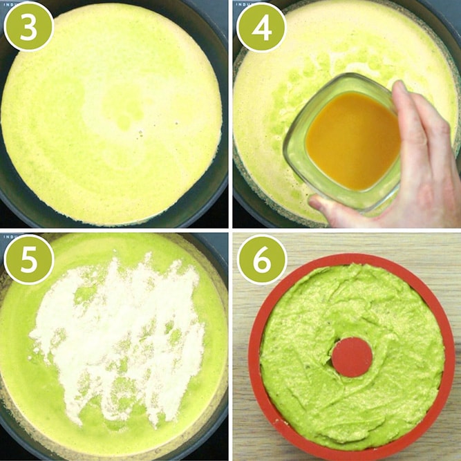 Four photo collage showing a saucepan with green liquid, then a hand is adding a small brown liquid, then white powder is sprinkled on top. The final photo shows a red silicone mold with a green paste. 