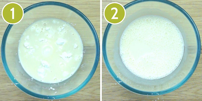 2 photo collage of a glass bowl first with milk and a white powder then bubbly white liquid after stirring. 
