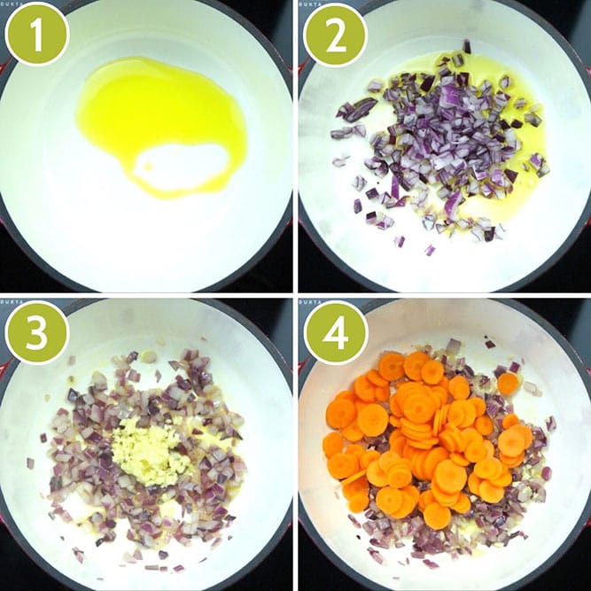 Step photos to show how to make vegetable pasta sauce starting with cooking onion, garlic and carrot slices in olive oil