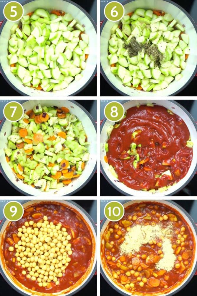 Step photos to show how to make vegetable pasta sauce including adding veggies, tomato sauce and spices