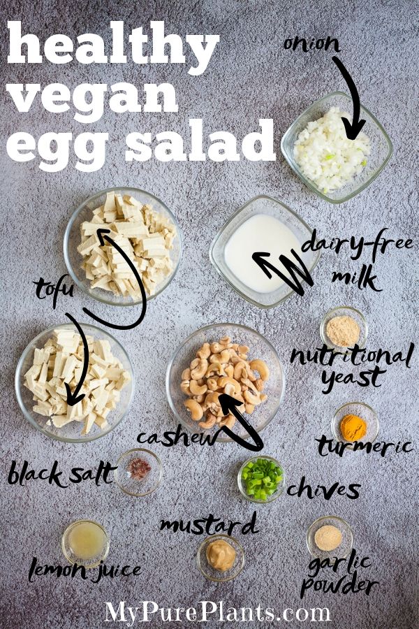 All ingredients of this healthy vegan egg salad recipes is show in small glass bowls