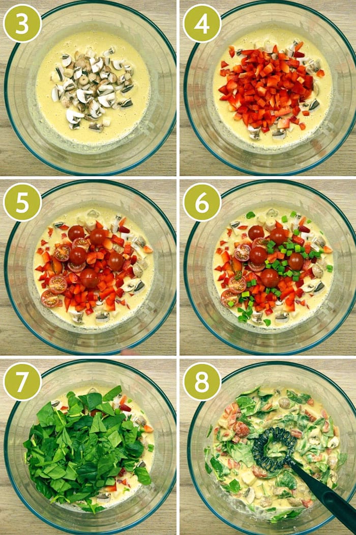 6 photo collage showing 6 steps of mixing different colorful vegetables with a yellow frittata batter in a glass bowl. 