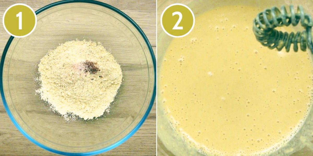 Step photos showing how to mix the eggless base for vegan frittata in a glass bowl. 