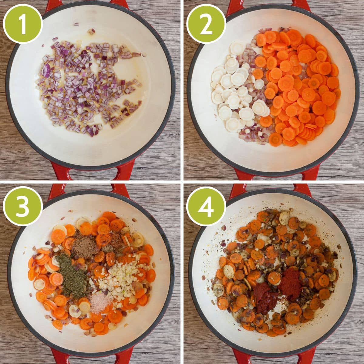 Step photos to make red lentil soup showing the onion, carrot, seasoning steps