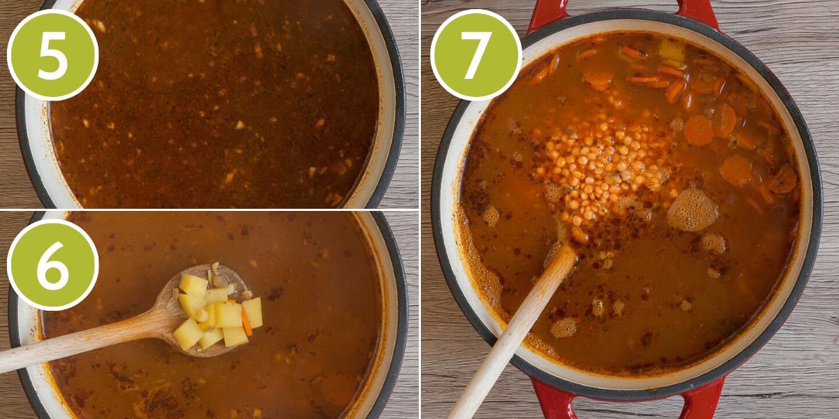 Step photos to make red lentil soup showing the veggie broth, the potato and the red lentil steps