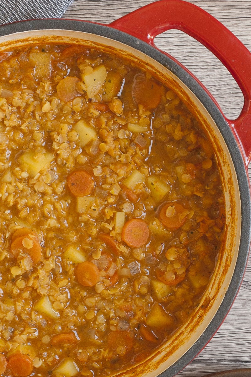 Red Dutch Oven from above with vegan red lentil soup