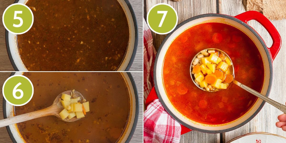 4 photo collage showing the last 3 steps to make vegetarian goulash in a red white pot after addig vegetable broth that will cover all the veggies and other ingredients