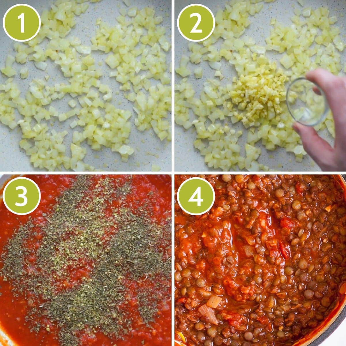 4 photo collage showing a frying pan with chopped onion and garlic then in tomato sauce and dried green herbs, finally lentils. 