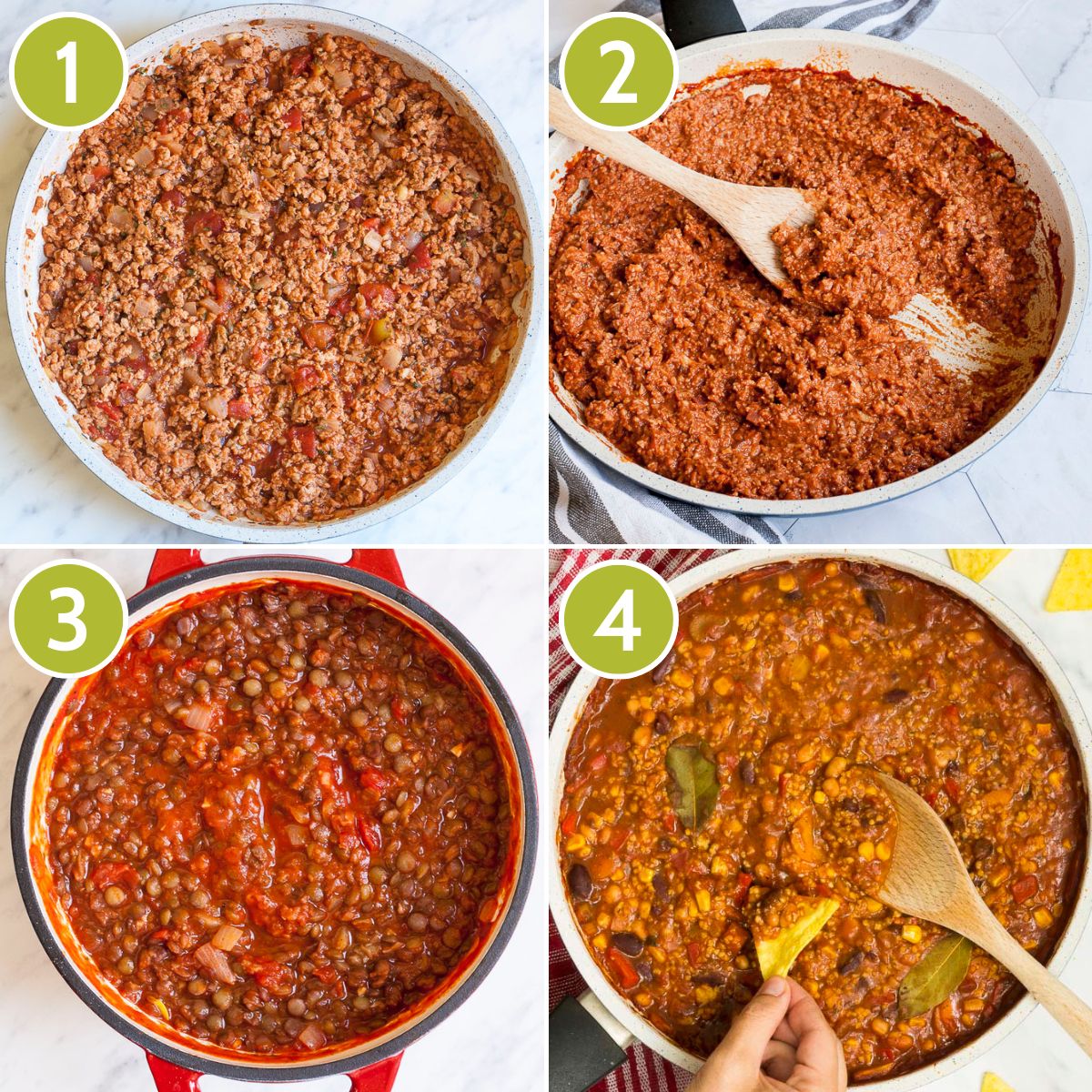4 photo collage of different crumbles in red sauce that would mimic vegan ground beef