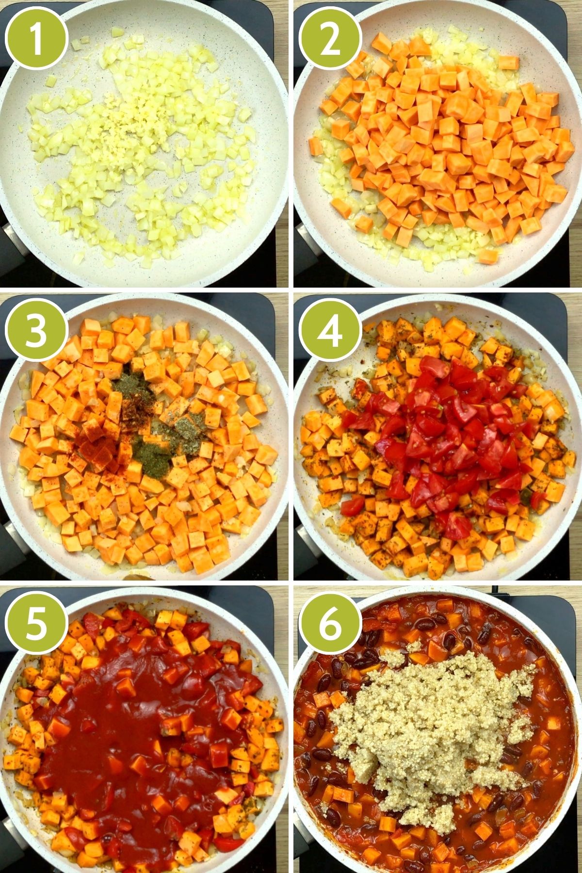 6 photo collage of a pan showing how to make quinoa sweet potato chili. First is the chopped onion, then chopped orange potatoes, then red and green spices, then chopped tomatoes, then red sauce, then quinoa and beans.