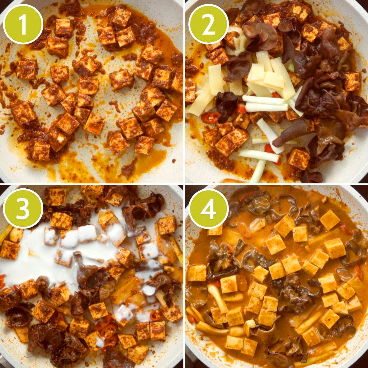 4 photo collage with a white frying pan with a darkbrown red sauce tofu cubes, sliced bell peppers, sliced green chilies, mint leaves, sliced spring onion, mushrooms slices.