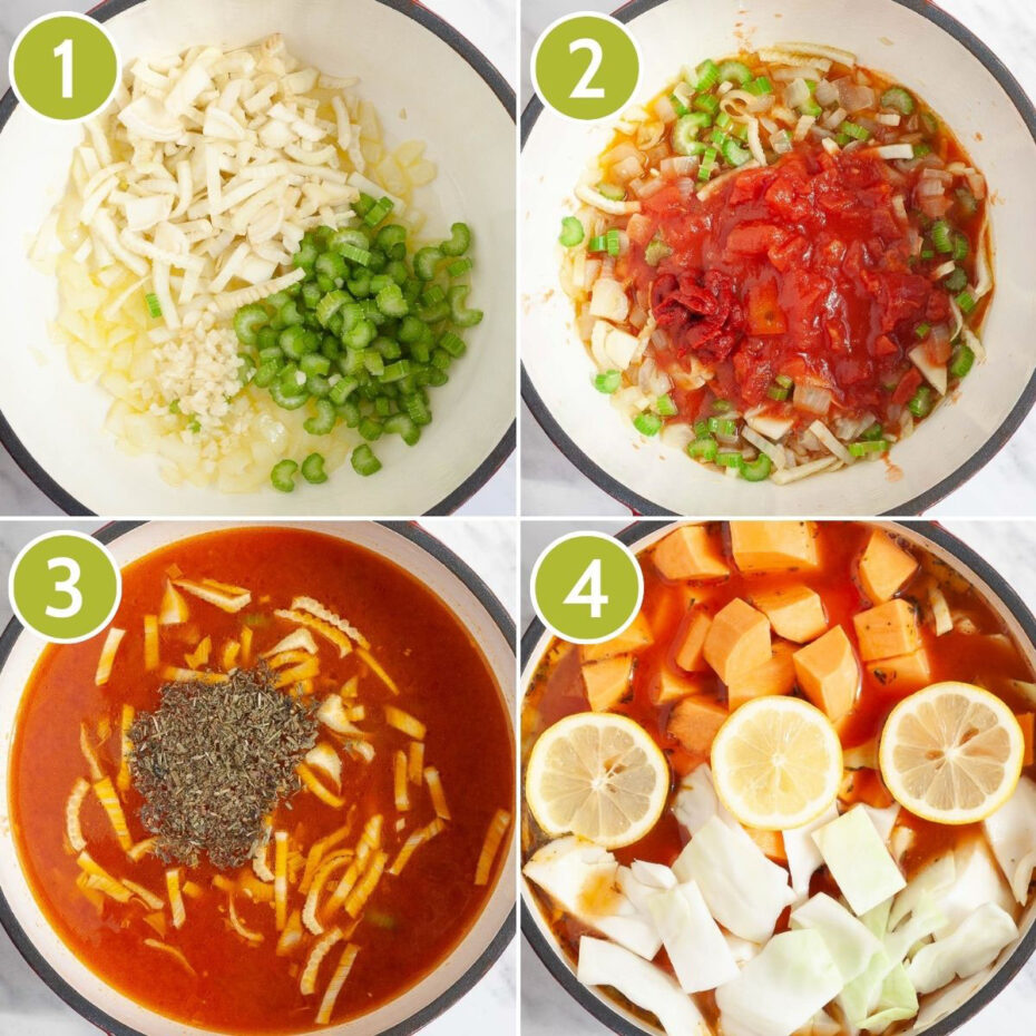 4 photo collage of a white dutch oven from above showing chopped green celery stalk, chopped white fennel, tomato sauce, dried green herbs , chopped cabbage, orange sweet potato, lemon slices in order you need to put them in.