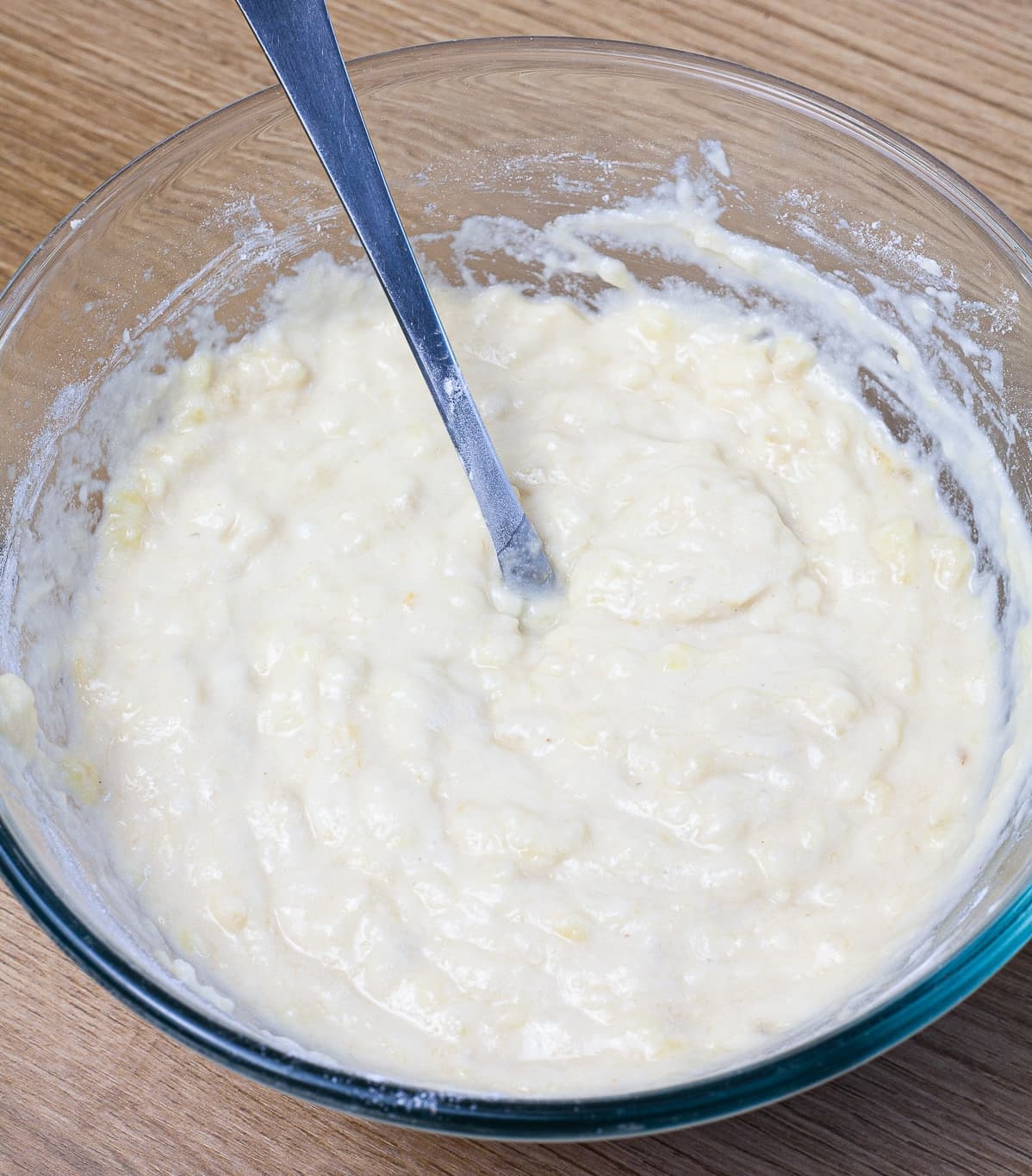 Glass bowl with a pancake batter.