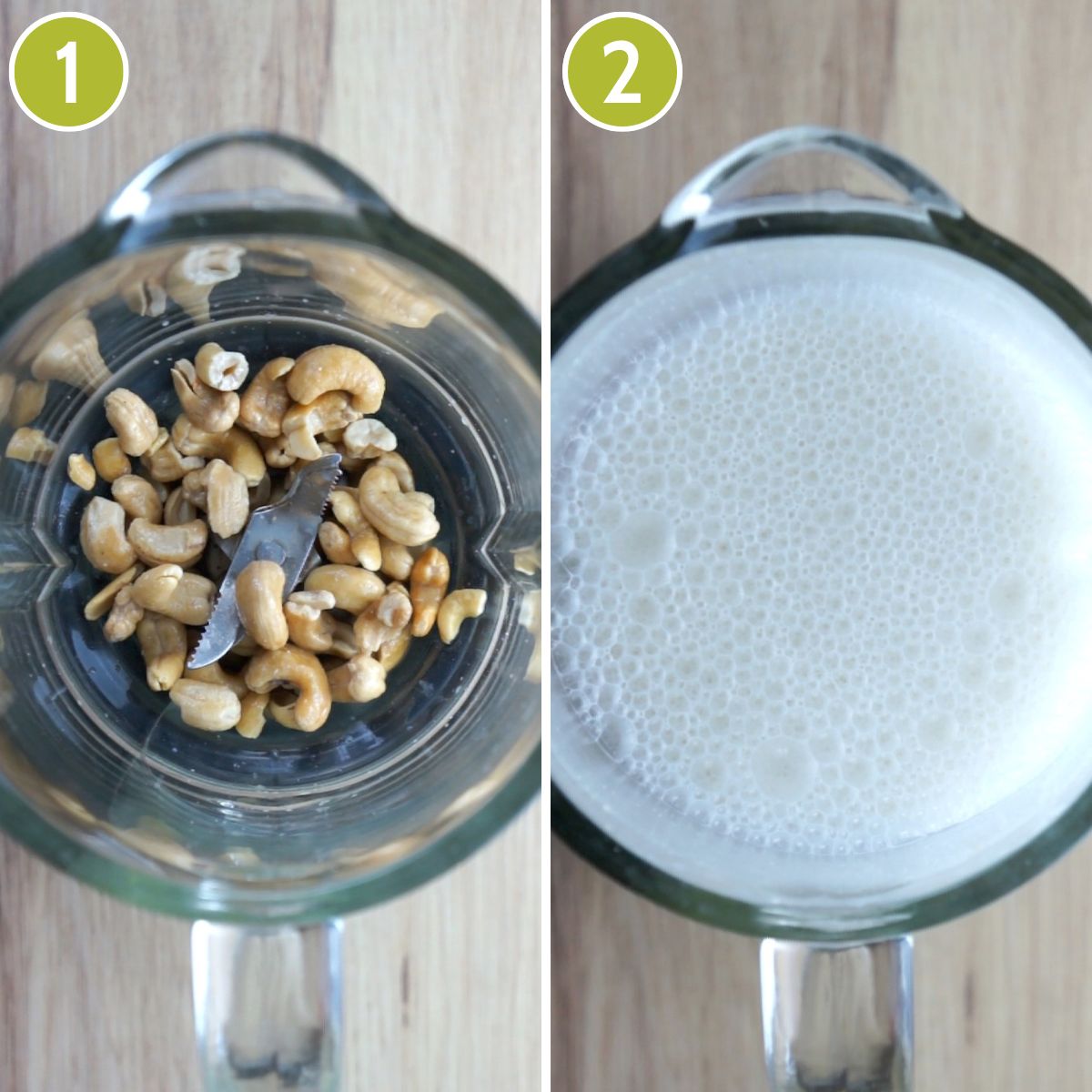 2 photo collage showing a blender first with cashews then with a white liquid