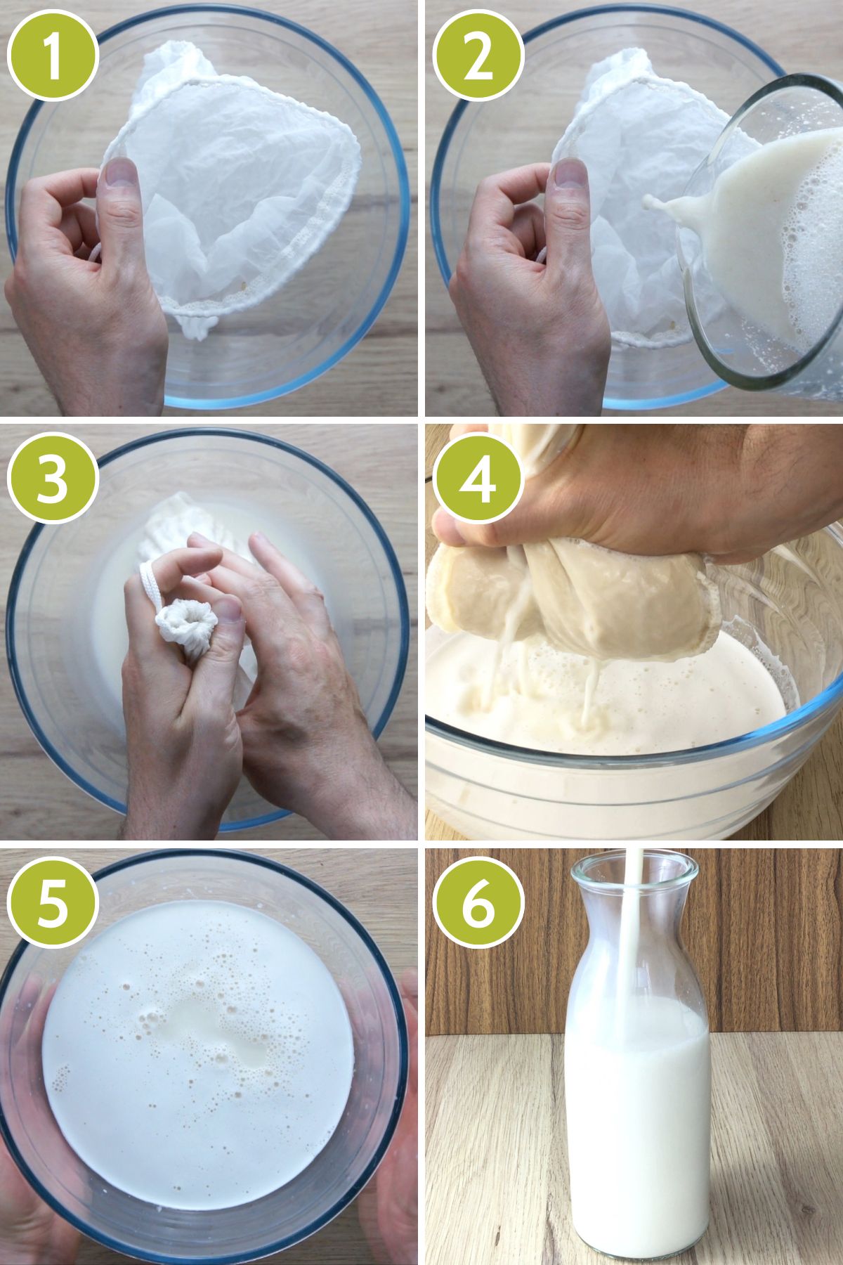 6 photo collage showing how to strain cashew milk using a nylon mesh bag and a large glass bowl. After pouring in the white liquid a hand squeezes the bag from top to bottom.