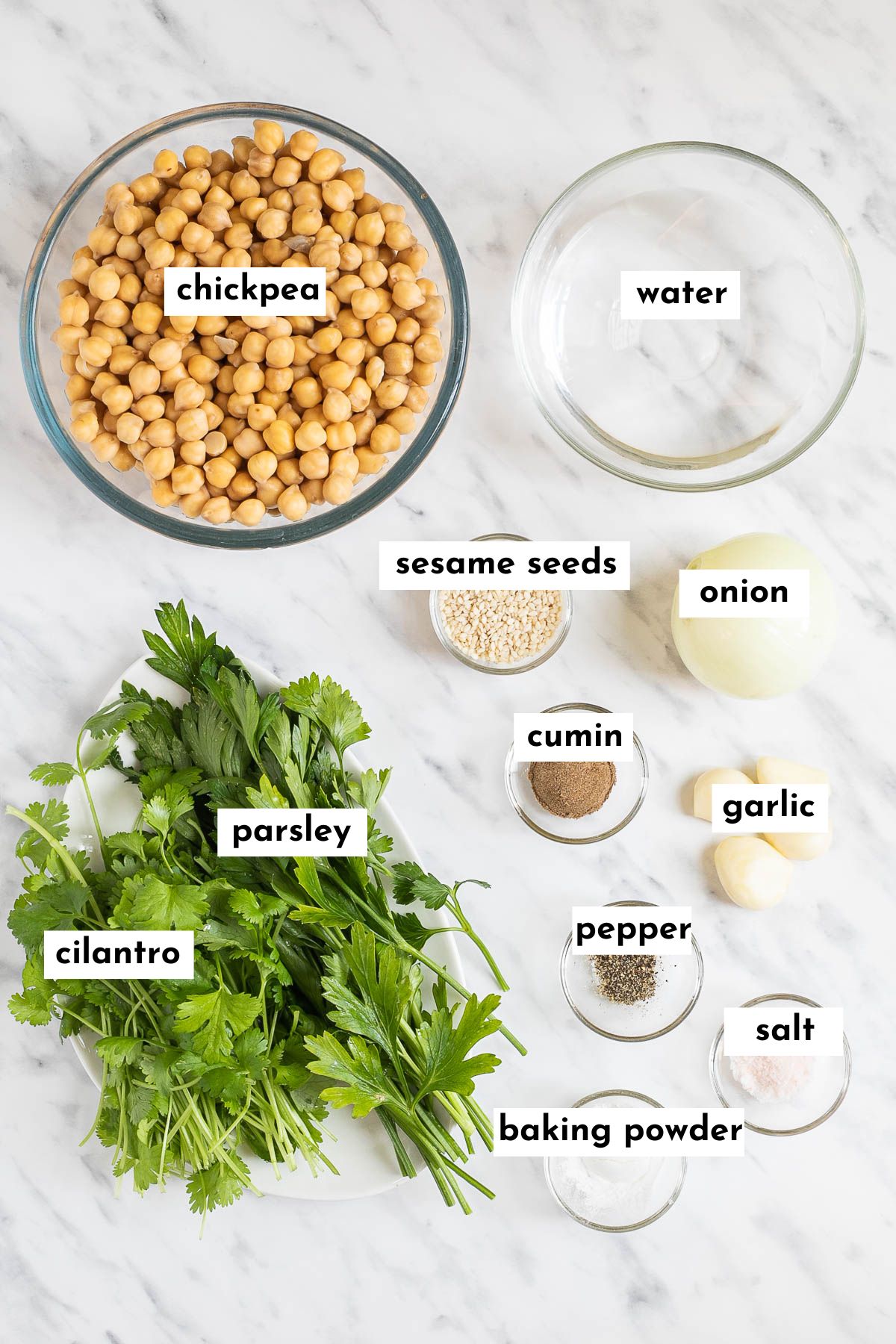 Ingredients of falafel in glass bowls like chickpeas, water, sesame seeds, green herbs, cumin, garlic, onion, pepper and salt.