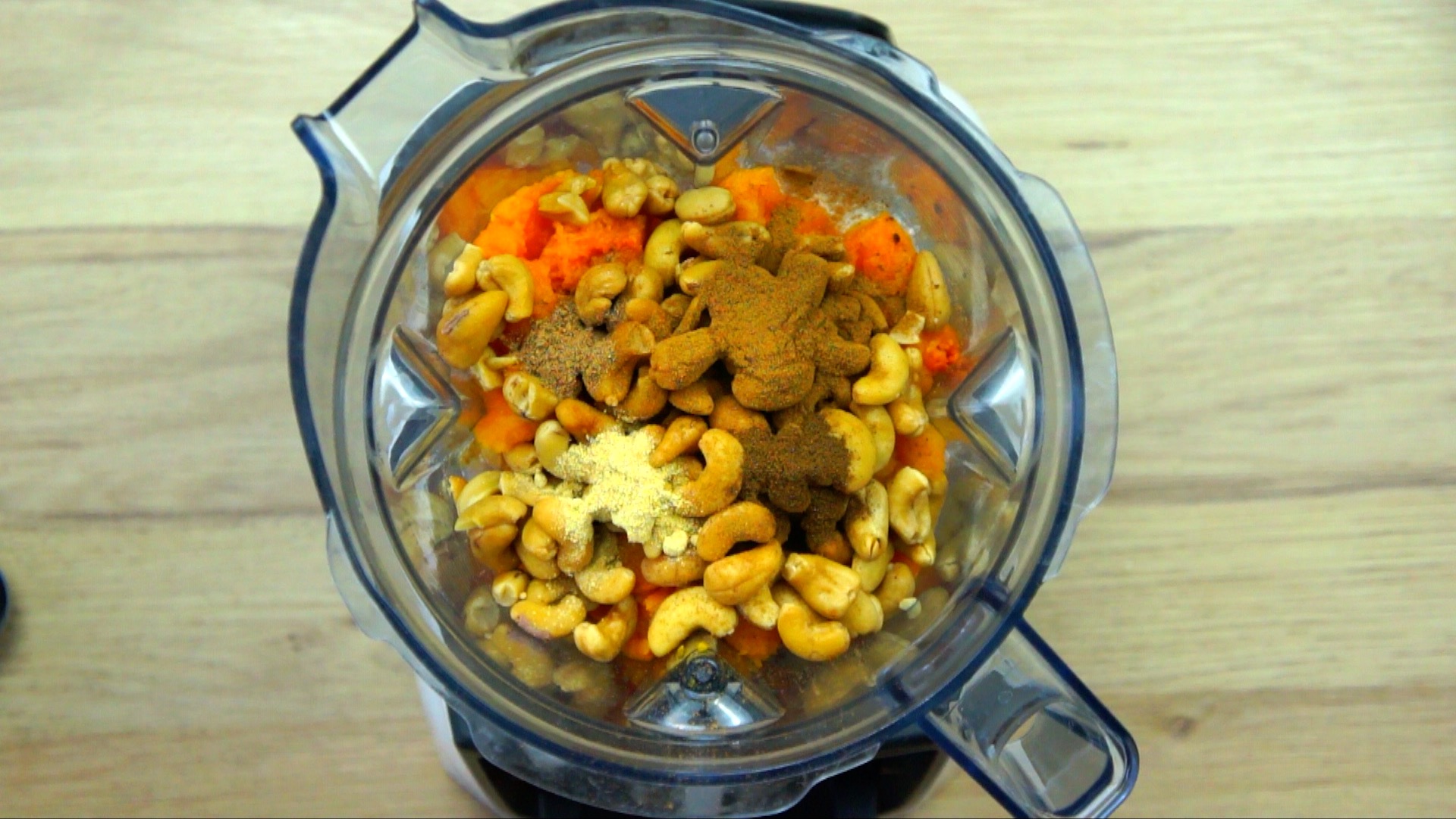 Blender with cashews, pumpkin puree, and heaps of spices. 